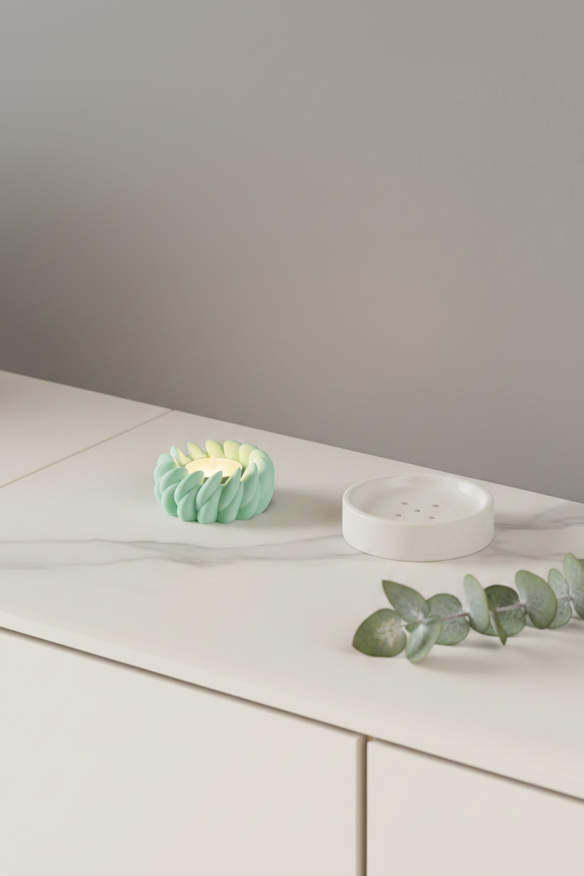 Swirl Tealight Holder soft mint green spiral twisted petal texture warm LED glow white marble bathroom shelf soap dish eucalyptus bright Scandinavian interior portrait