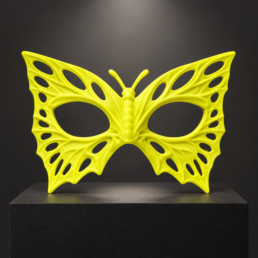 Neon Yellow Butterfly Mask displayed on a dark plinth in a photo studio.