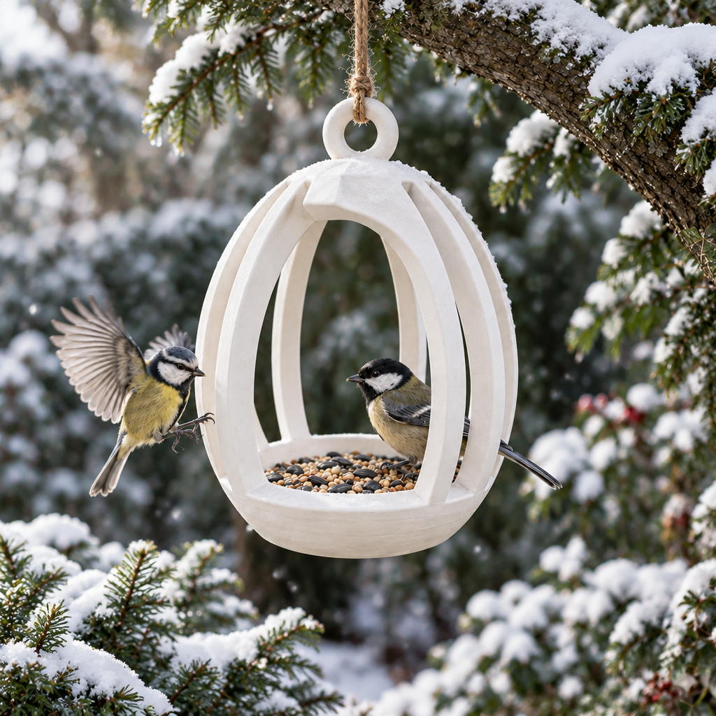 Ribbed feeder in an evergreen winter garden