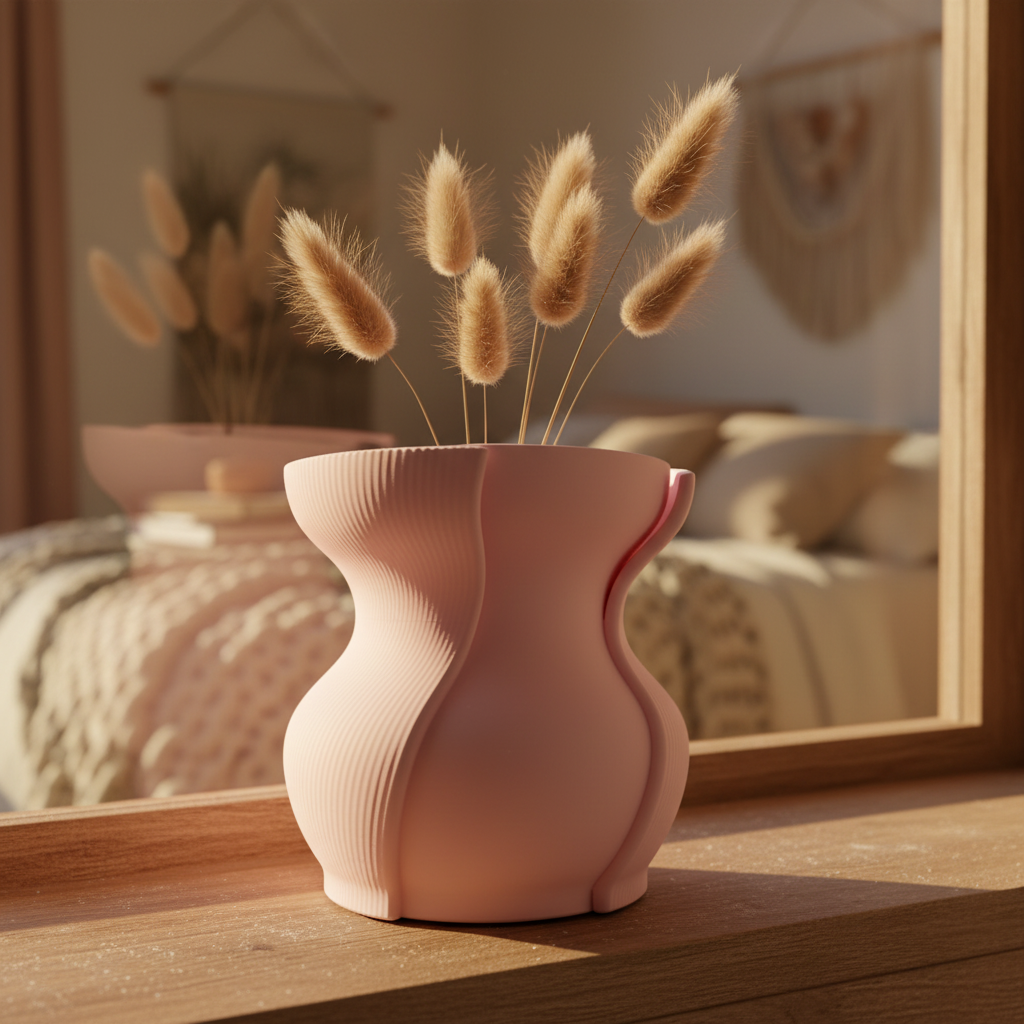 Aera vase in warm beige with dried bunny tail grass on a windowsill in golden hour light