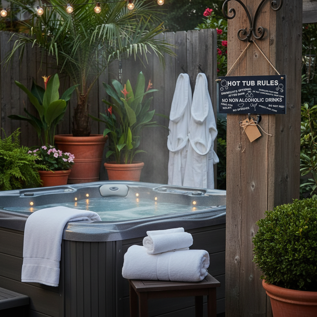 Hot Tub Rules Sign shown at realistic scale beside a styled backyard hot tub gift display