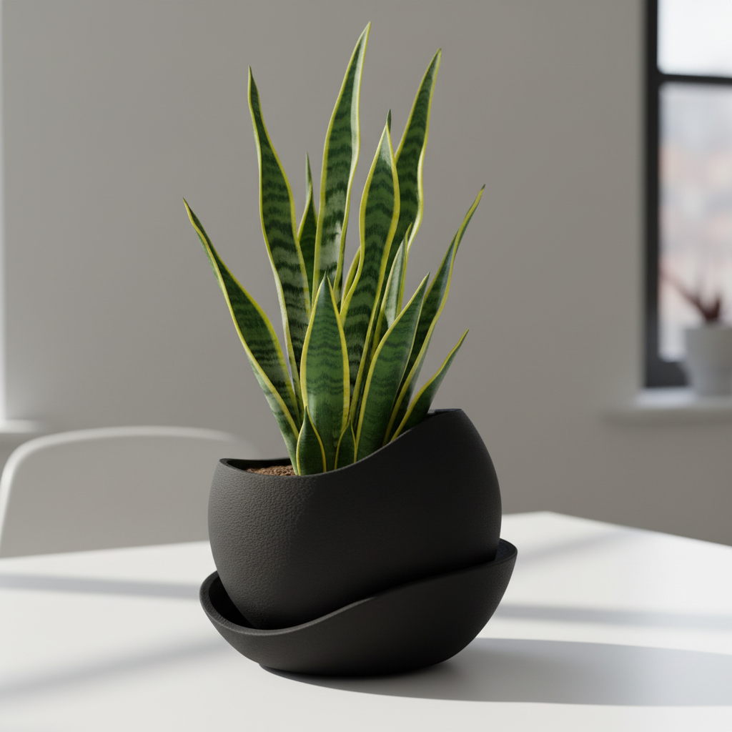Matte black shark skin plant pot with a snake plant on a minimalist white desk