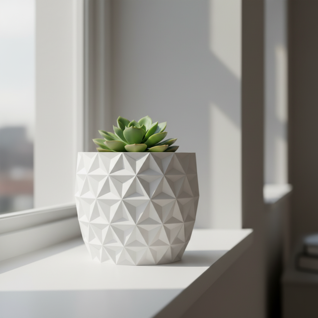 GeoBloom Geometric Planter in white — windowsill with succulent lifestyle