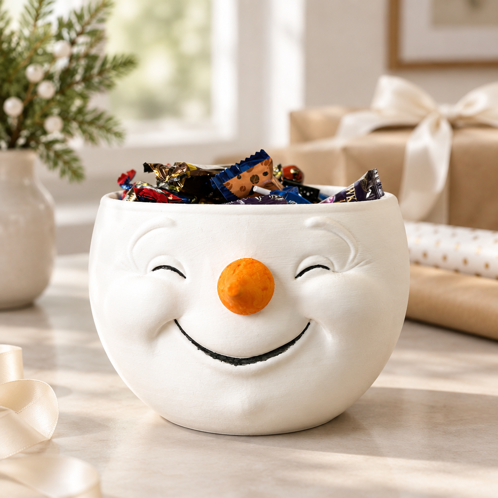 White snowman-head snack bowl with wrapped chocolates on a light gift-wrapping table