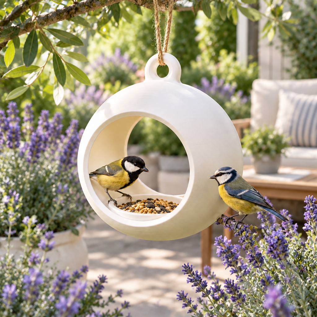 Sphere feeder beside lavender on patio