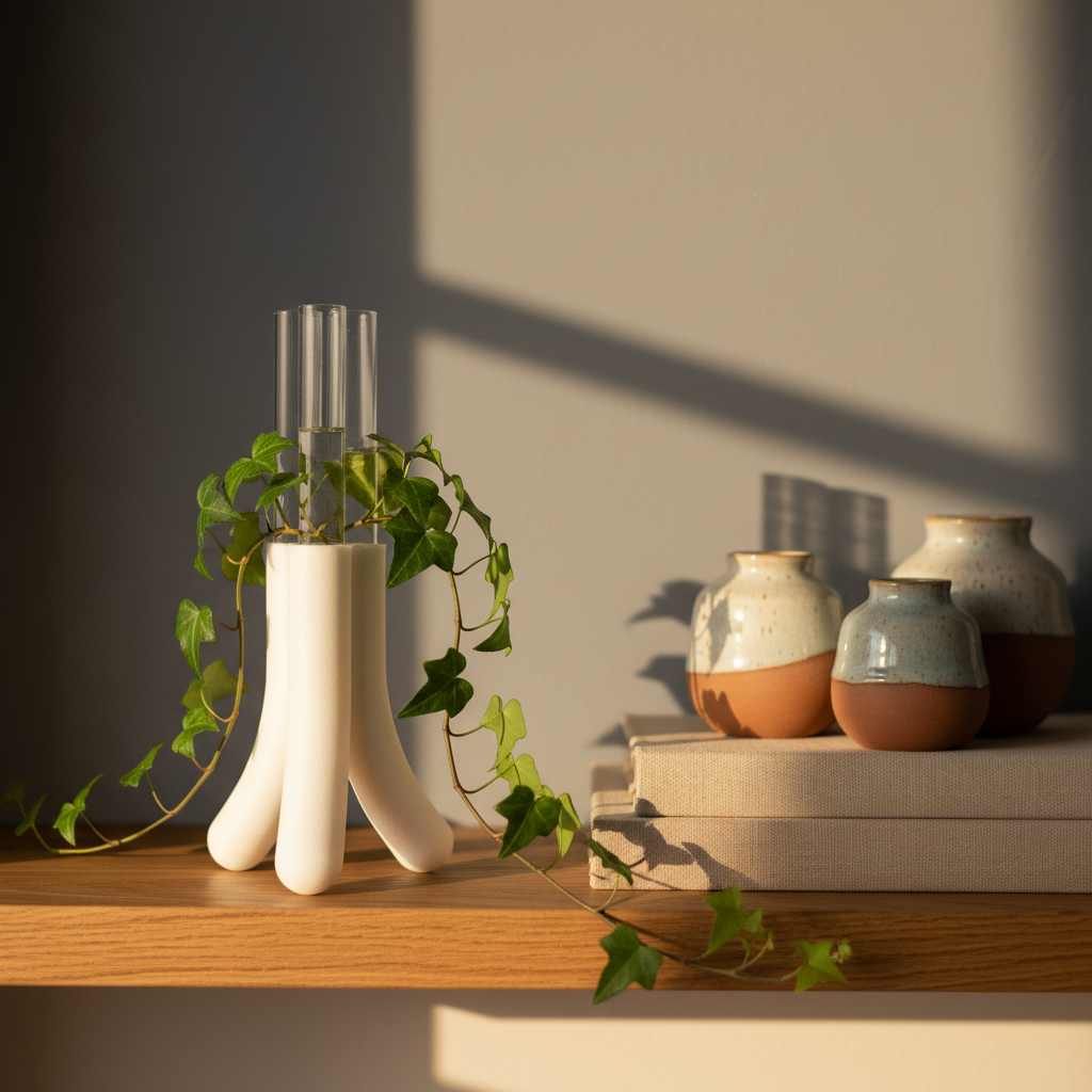Modern Triple Stem Propagation Holder on oak shelf with ivy cuttings