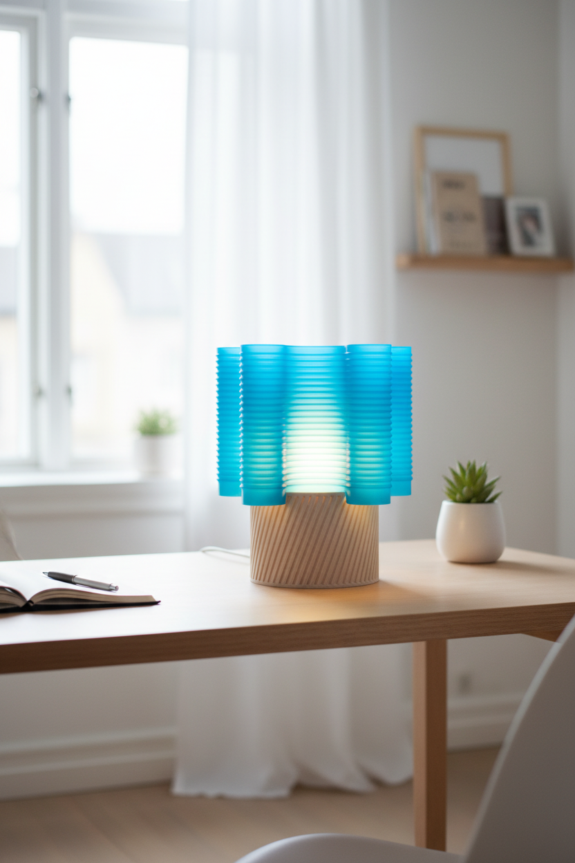 Wavy ripple E27 lamp on minimal Scandinavian desk with notebook and plant
