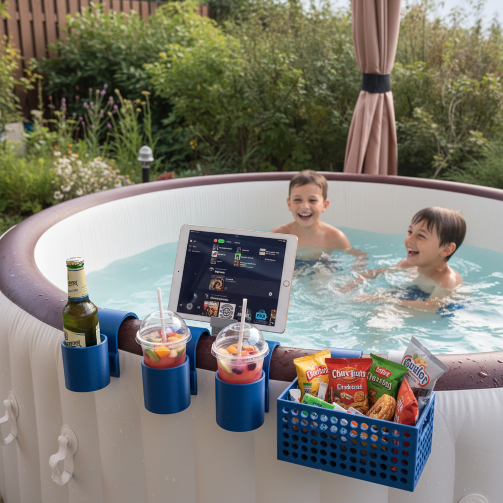 Blue modular hot tub caddy with basket and dual bottle holder clipped onto Lay-Z-Spa with family in background