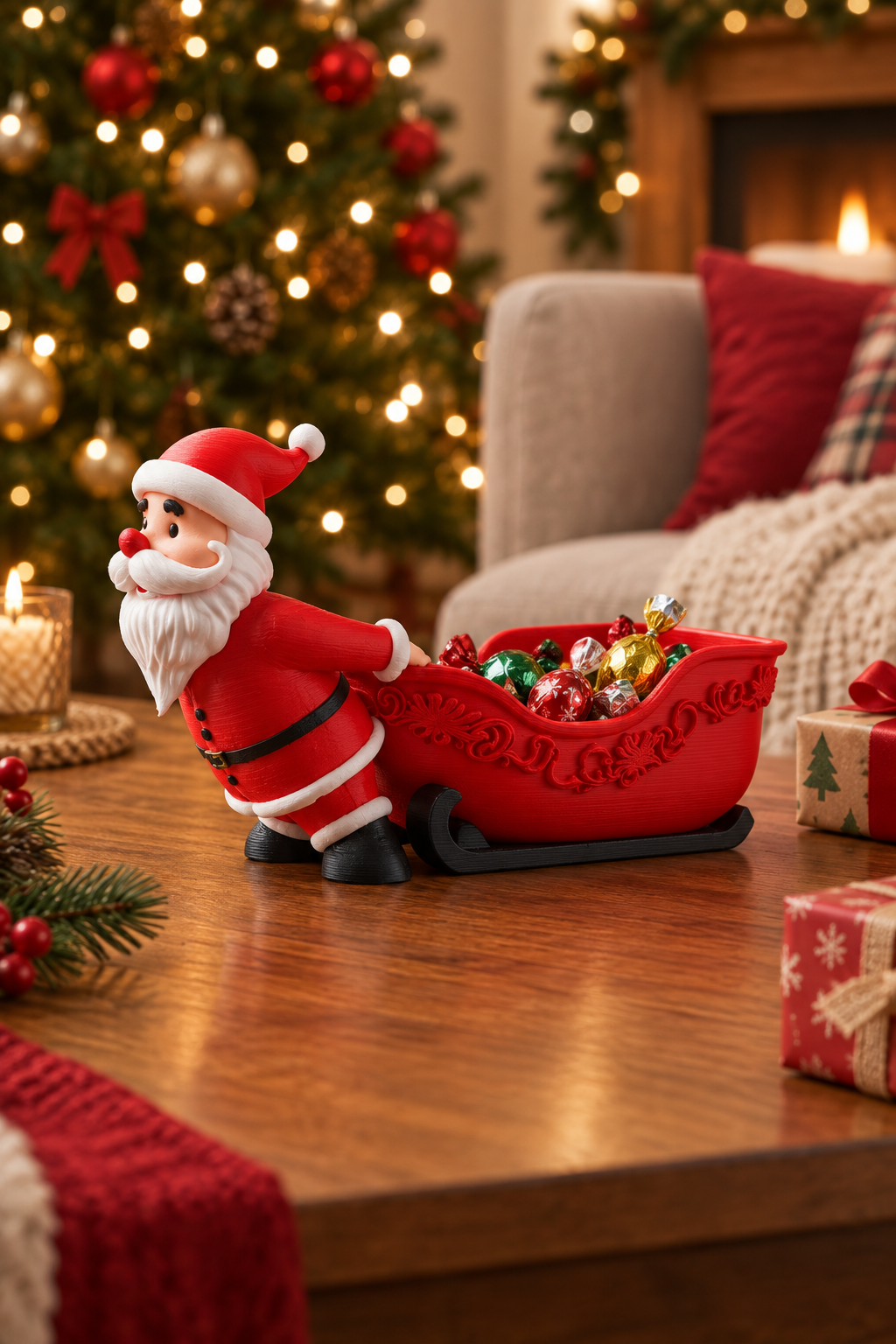 Santa and red sleigh sweet bowl displayed by a Christmas tree and wrapped presents