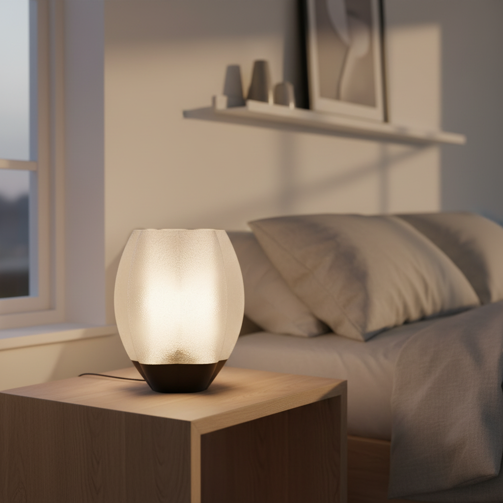 White shade black base on oak bedside table - lifestyle