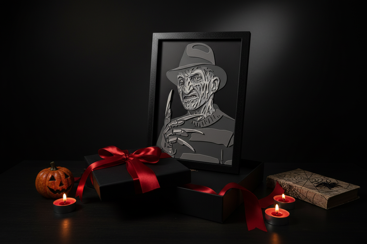 Freddy Krueger Shadow Box presented as a gift in a matte black box with red ribbon and Halloween horror decorations