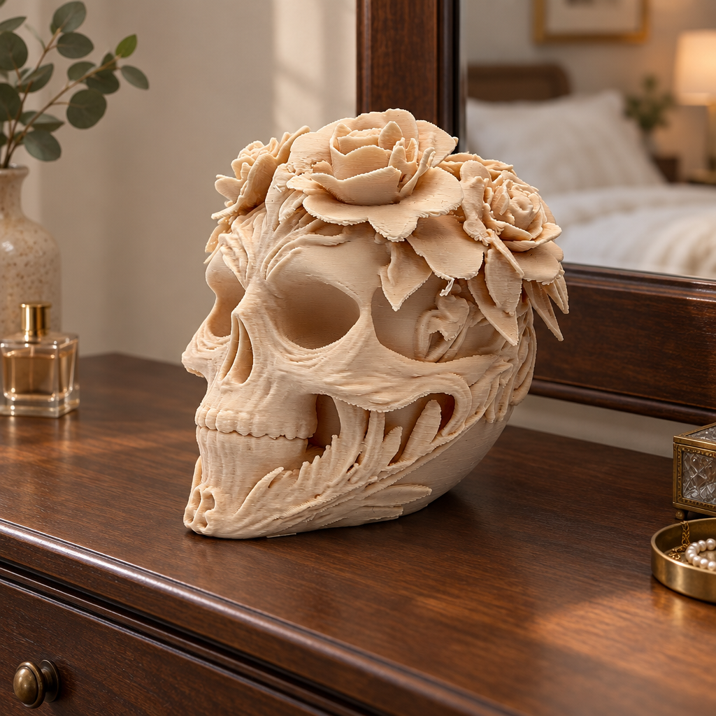 Gothic floral skull displayed directly on a dark dressing table