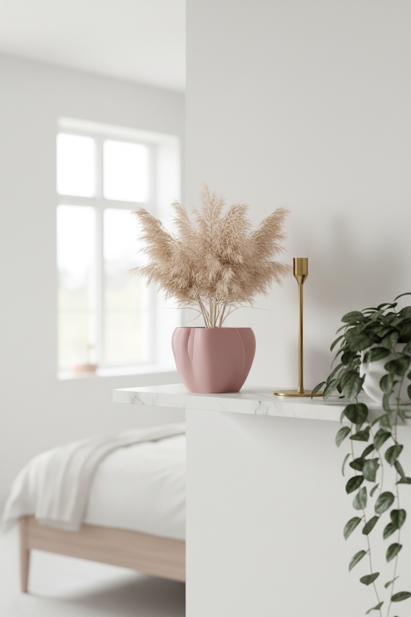 Dusty pink organic flowing planter with pampas grass on marble shelf bedroom lifestyle