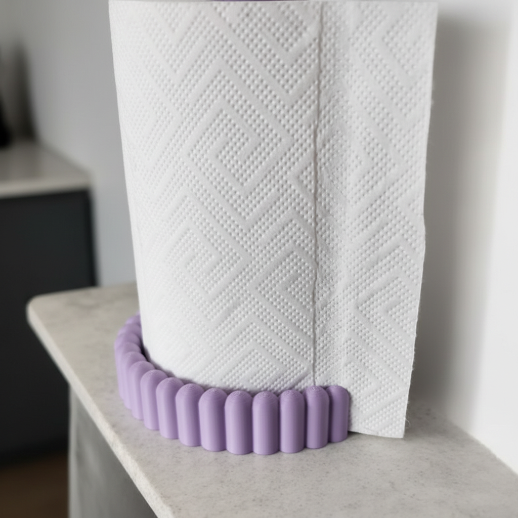 Kitchen Roll Paper Towel Holder - purple colourway with kitchen roll on concrete counter, potted plant and ceramic jars in background