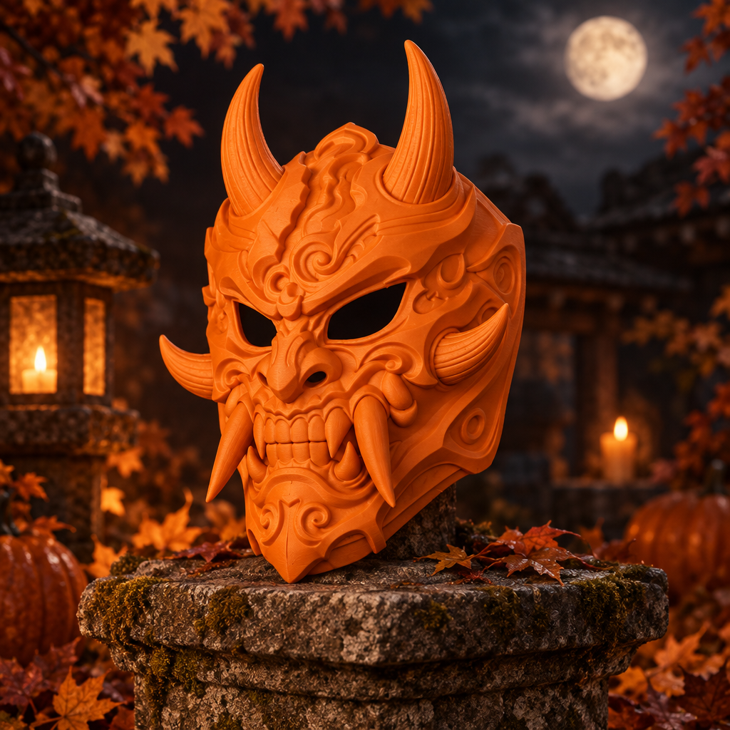 Uniform orange Oni Demon Mask on a weathered stone pedestal in an autumn Halloween display.