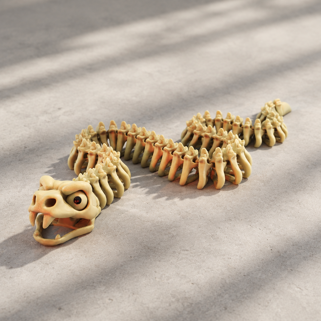 Bone-coloured Snake Skeleton fidget coiled on pale concrete with soft shadows