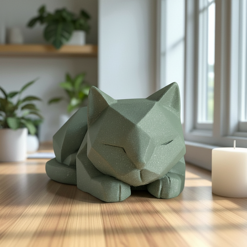 Sage green Low-Poly Kitten Sculpture on a Scandinavian shelf with a small plant and candle