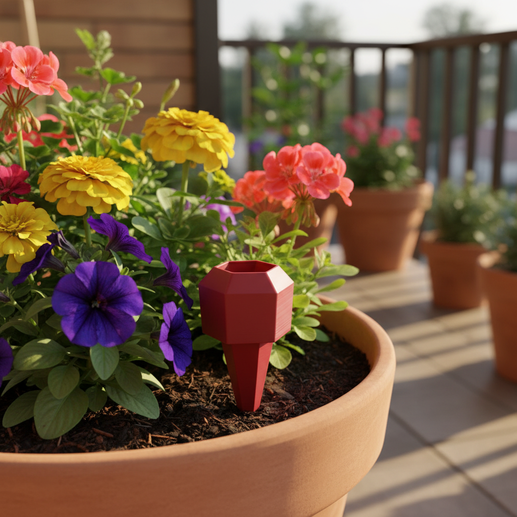 Hexagonal Plant Watering Spike - red colourway in balcony pot with flowers