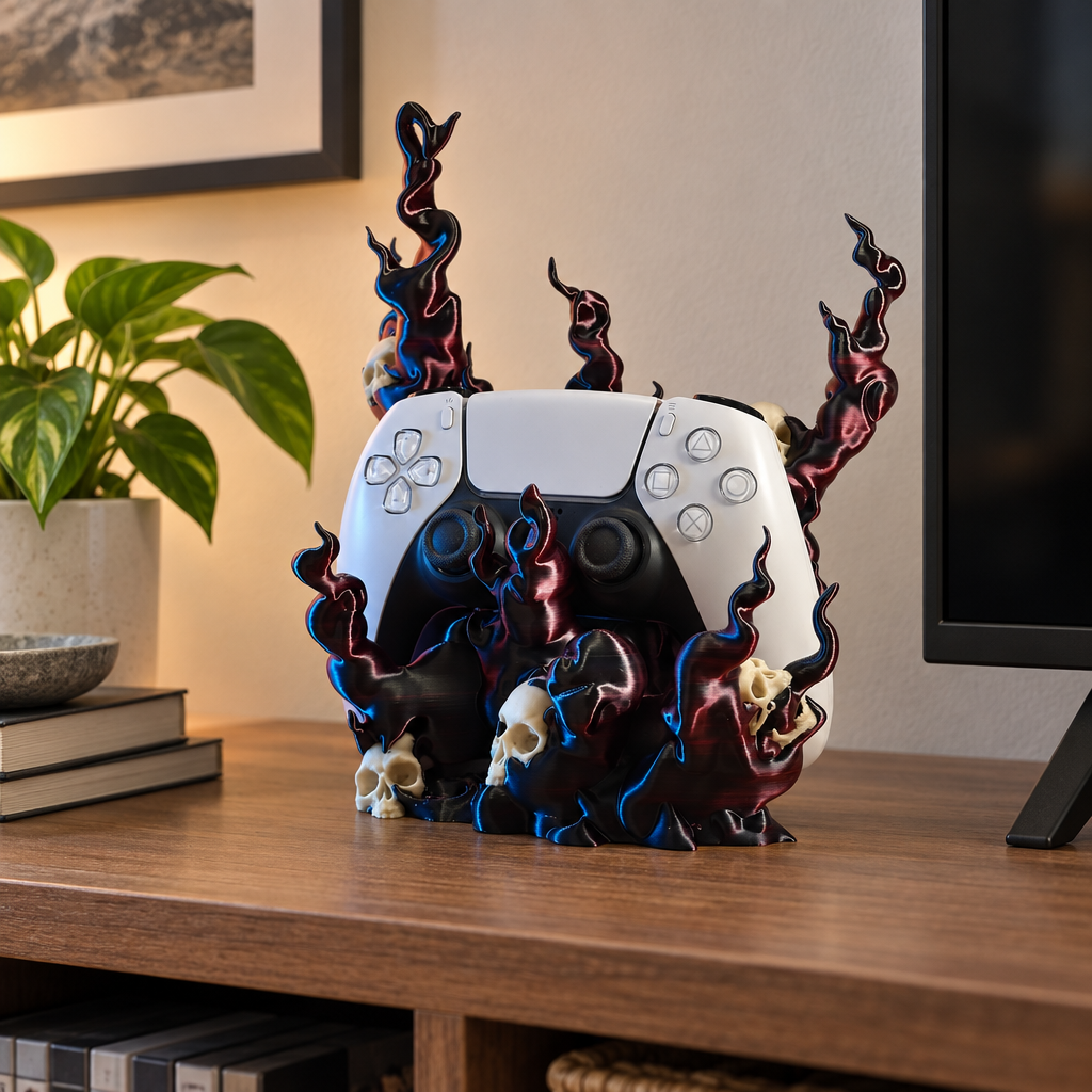 Black flame controller holder with an Xbox-style controller in a blue-lit gaming room