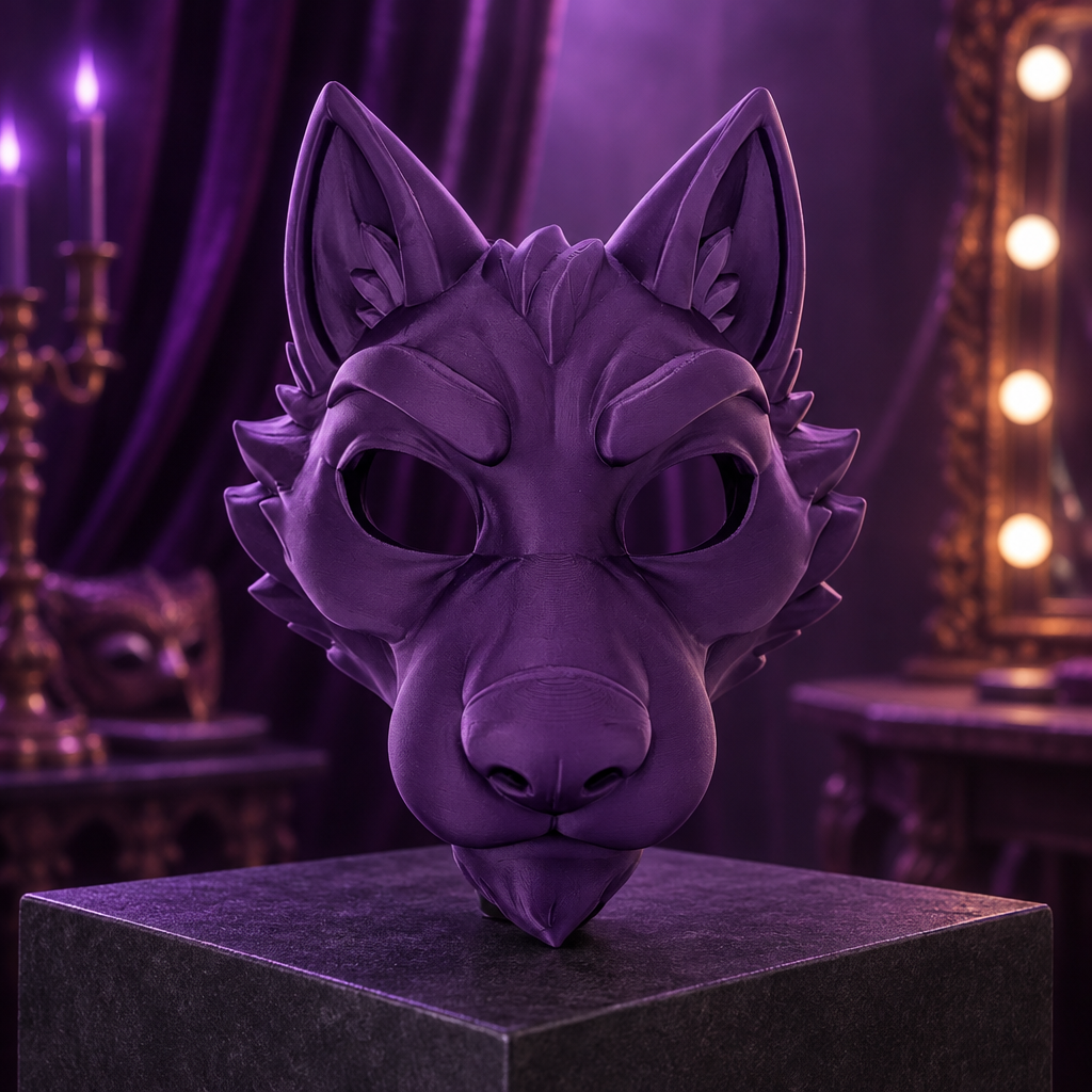 Rich purple Dire Wolf fantasy mask displayed in a theatre dressing room, without a strap