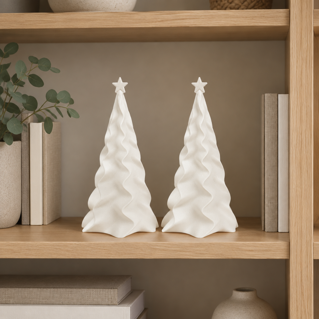 Two matching white folded Christmas trees displayed on a light-oak bookcase