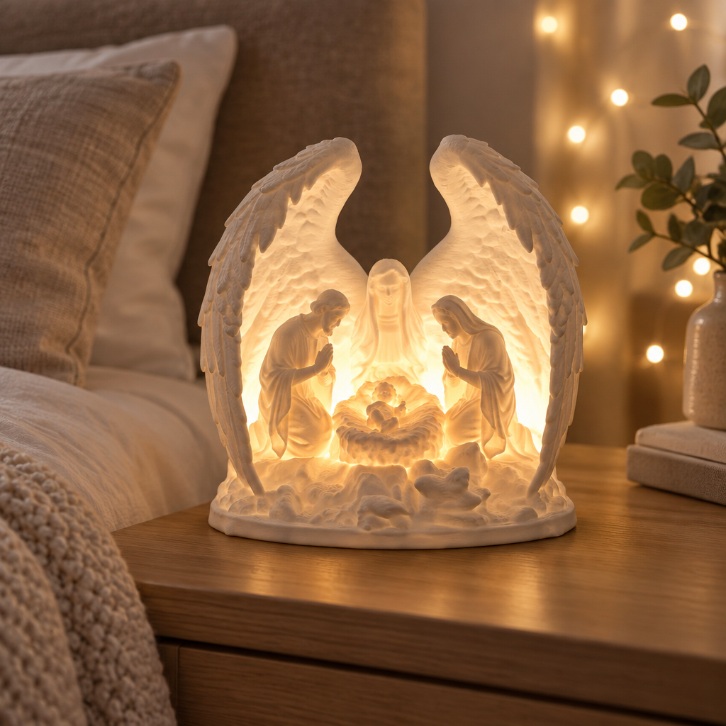 Angel-wing Nativity tealight holder on a bedside table