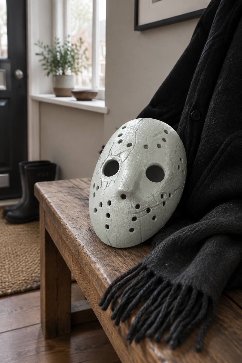 Pale weathered Jason Mask on a rustic entryway bench