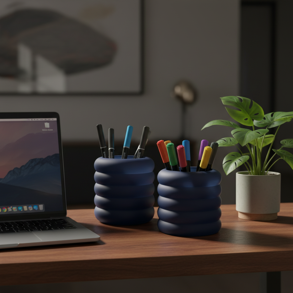 Navy blue bubble torus organizer set on dark oak desk with pens and laptop