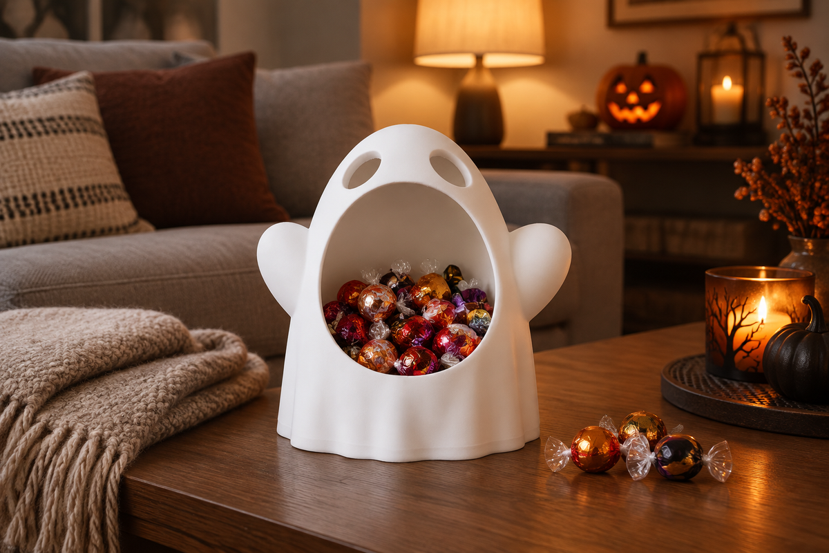White wide-mouthed ghost sweet bowl filled with wrapped sweets on a living-room coffee table