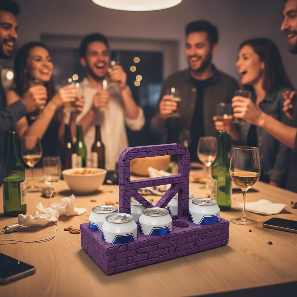 Beer Brick Six Can Caddy in purple — holding six beer cans on kitchen counter at house party with bottles and glasses in background