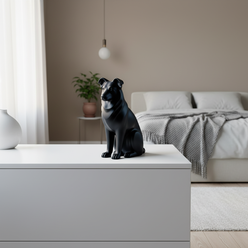 Black Australian Shepherd sculpture on a white dresser in a calm bedroom