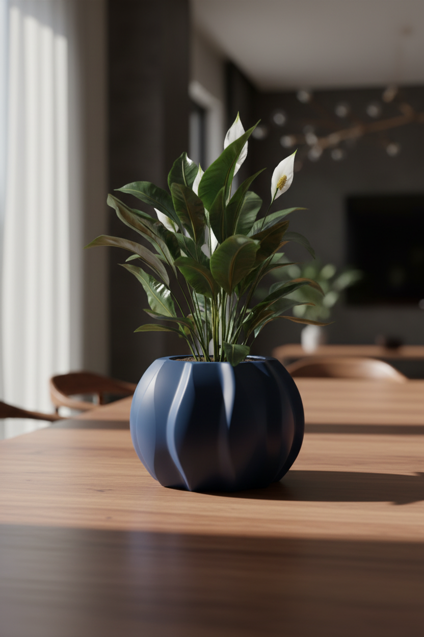 Modern Wave-Pattern Planter deep navy blue matte globe pumpkin-ribbed swirling wave panels compact peace lily bloom warm walnut dining table moody sophisticated interior dramatic soft side window light portrait