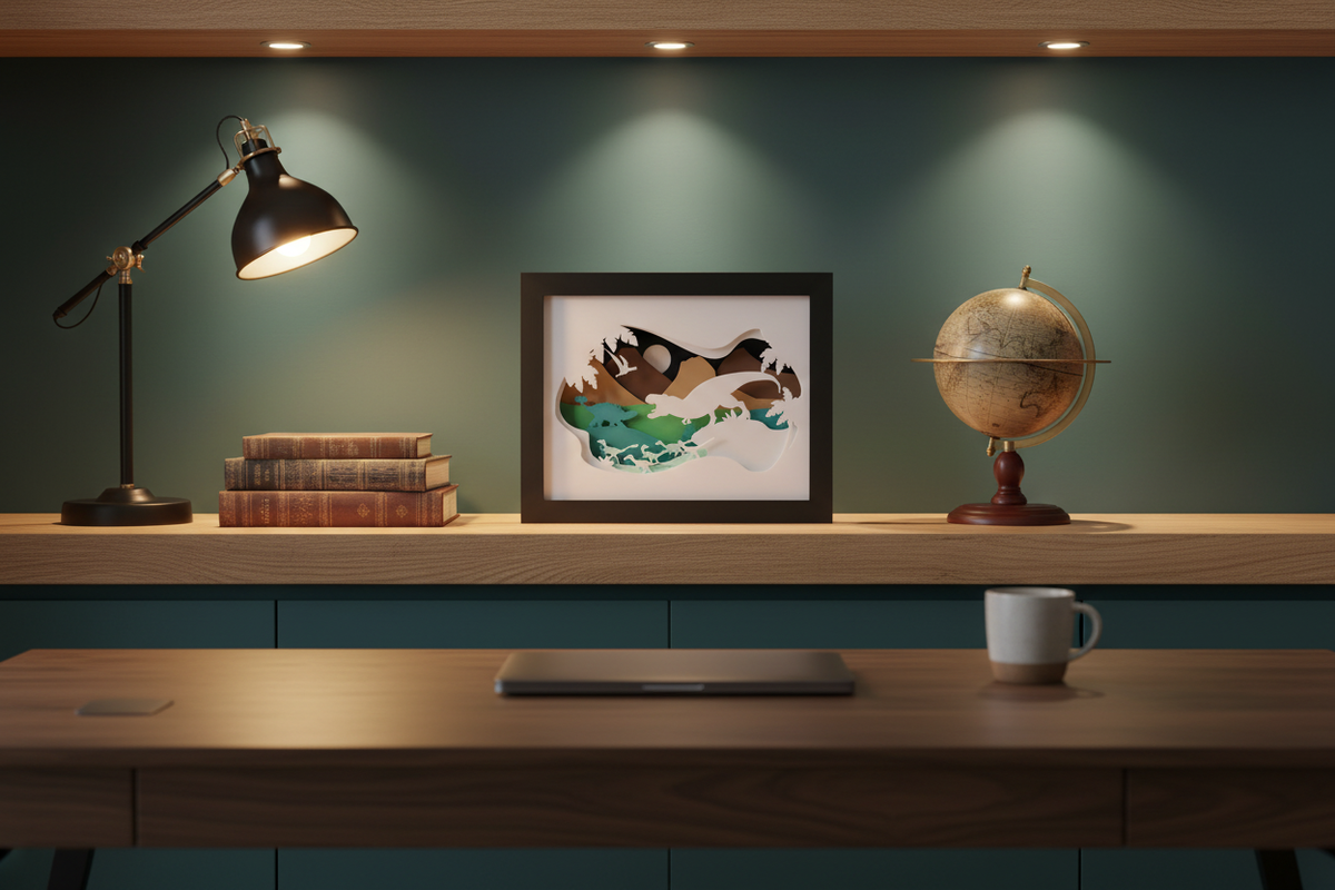 Dinosaur shadow box on a wooden shelf in a modern study with books and a globe