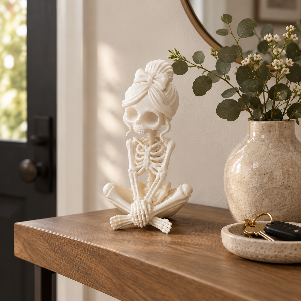 Lady Skeleton All Shy on a minimalist entryway table
