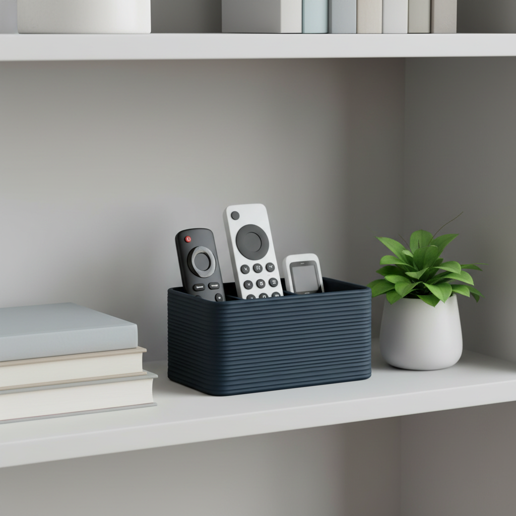 Ribbed remote holder with remotes styled on a white bookshelf with books and a plant