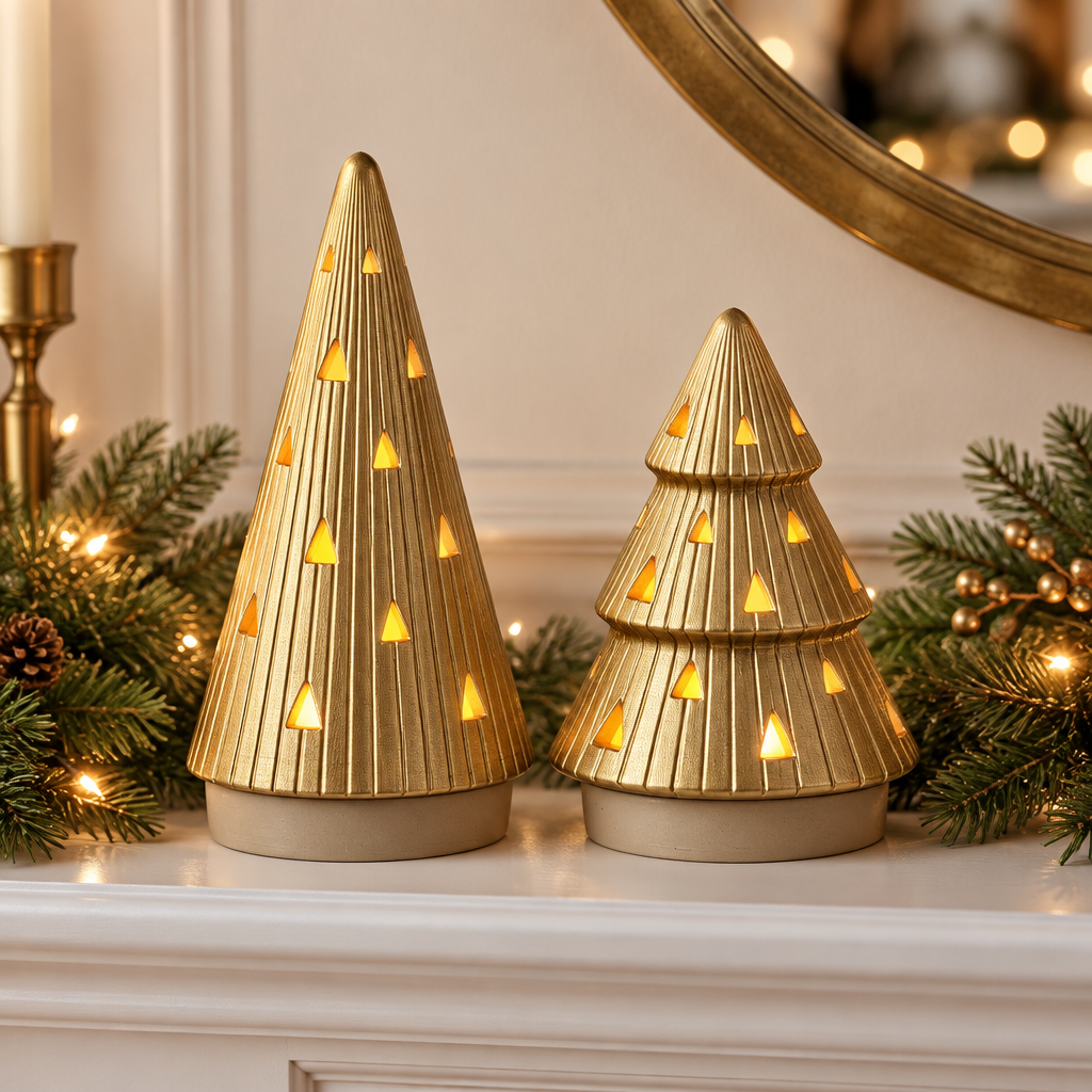 Gold-bodied tall and tiered ribbed Christmas tree tealight holders with fixed beige bases on a mantel
