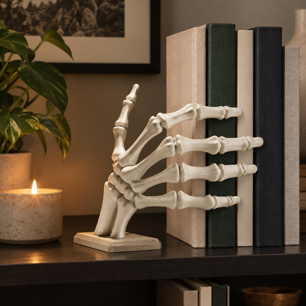 Skeleton hand bookstop on a dark shelf
