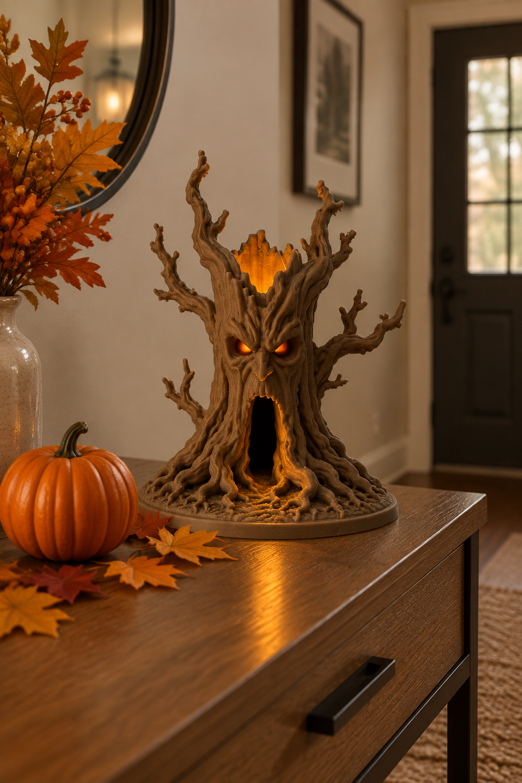 Haunted tree tealight holder glowing on a hallway console beside a pumpkin and autumn leaves