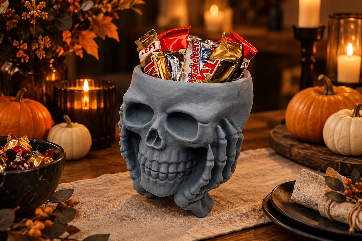 Grey skull sweet bowl held in skeletal hands and filled with treats at a Halloween buffet
