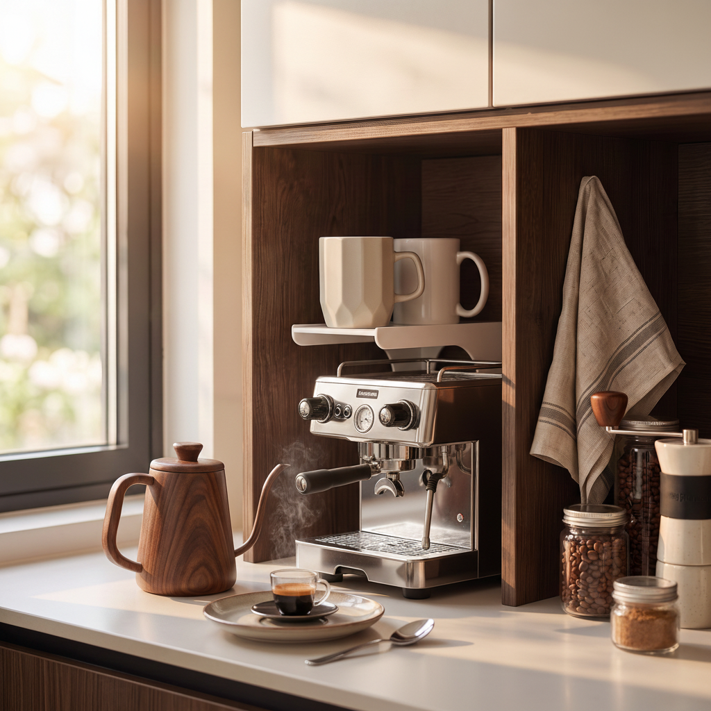 Cupstack beside espresso coffee machine in golden hour kitchen