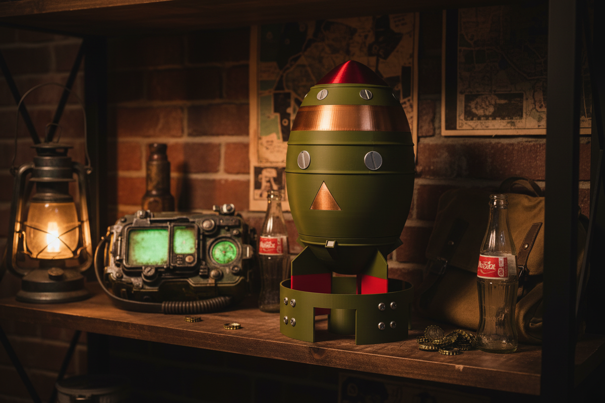 Fallout Mini Nuke display model on a dark gaming shelf in a Fallout-themed game room with Pip-Boy, Nuka-Cola bottles and warm amber lighting