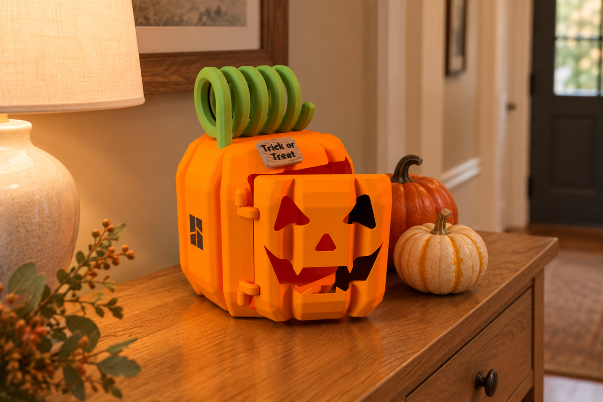 Orange pumpkin treat box with its jack-o-lantern door closed on an oak hallway console