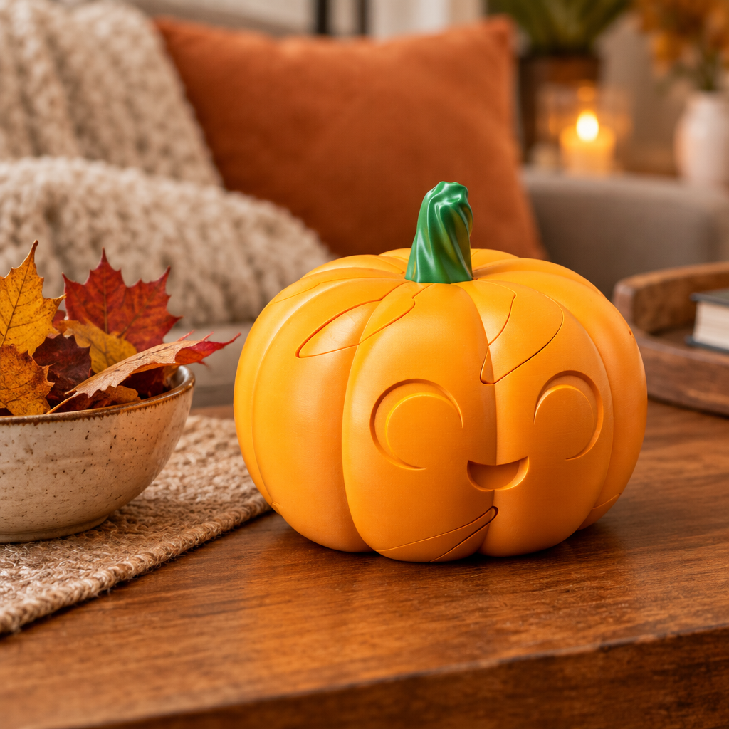 Orange pumpkin fidget puzzle styled on an autumn coffee table