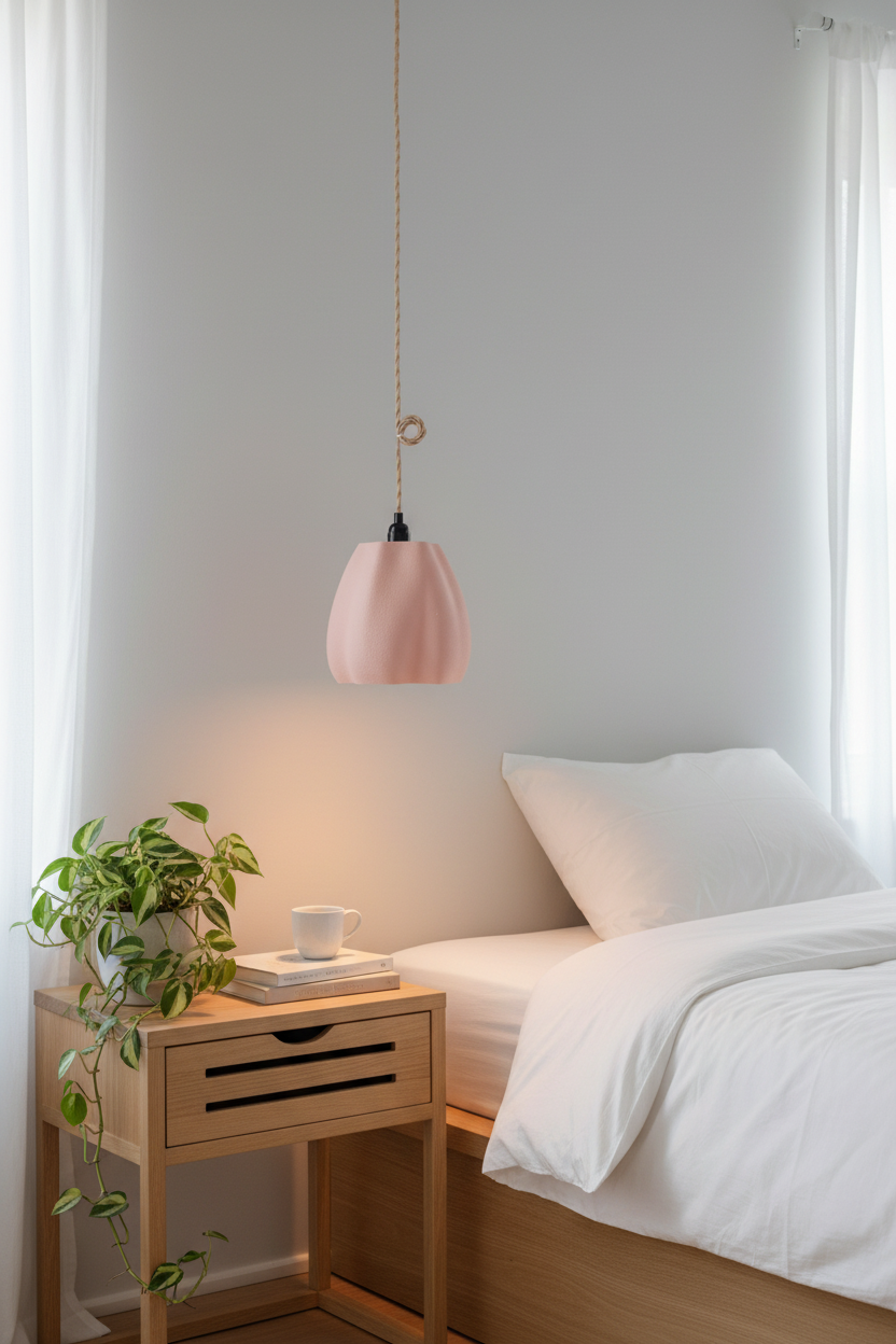 Dusty pink organic pendant lamp shade glowing above bedside table with books and trailing plant bedroom lifestyle