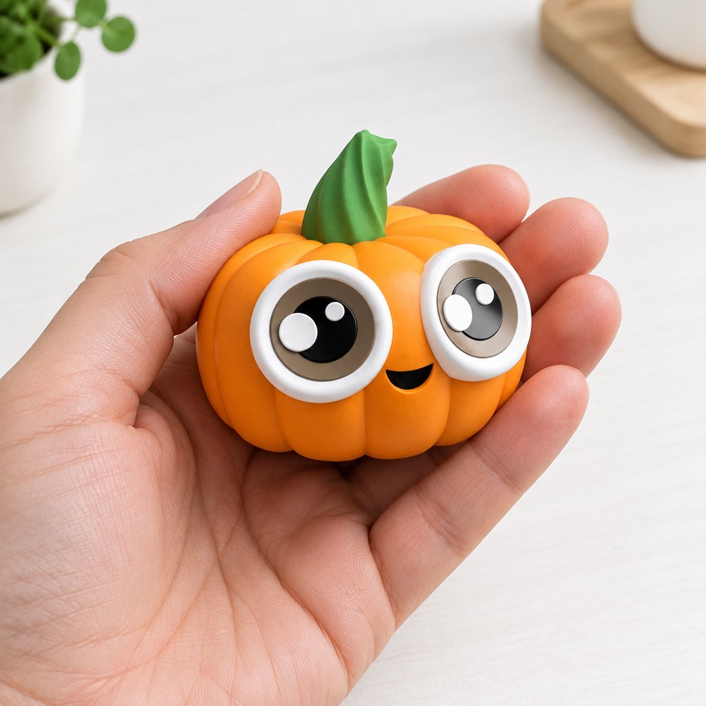 Cute Li'l Pumpkin held in an adult hand for scale