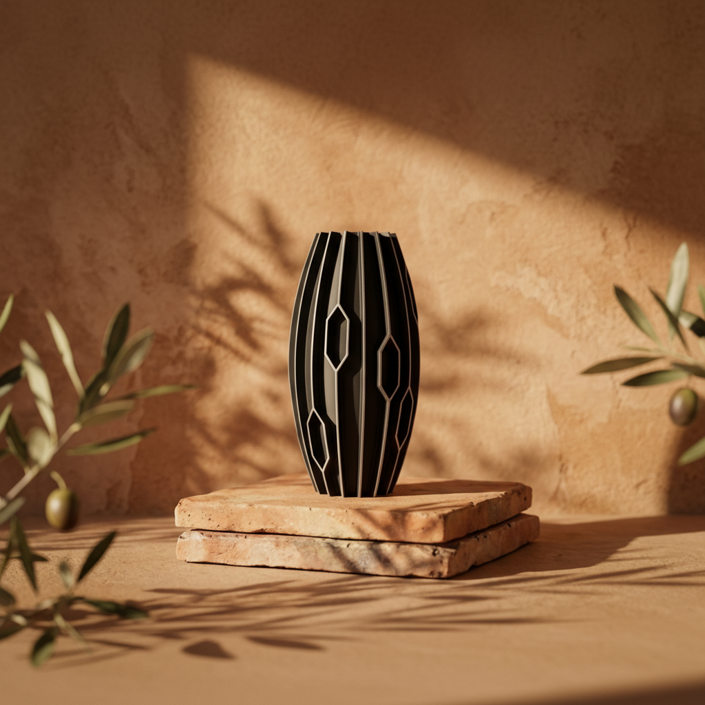 Black diamond rib vase on travertine tiles with olive branches Mediterranean golden hour lifestyle