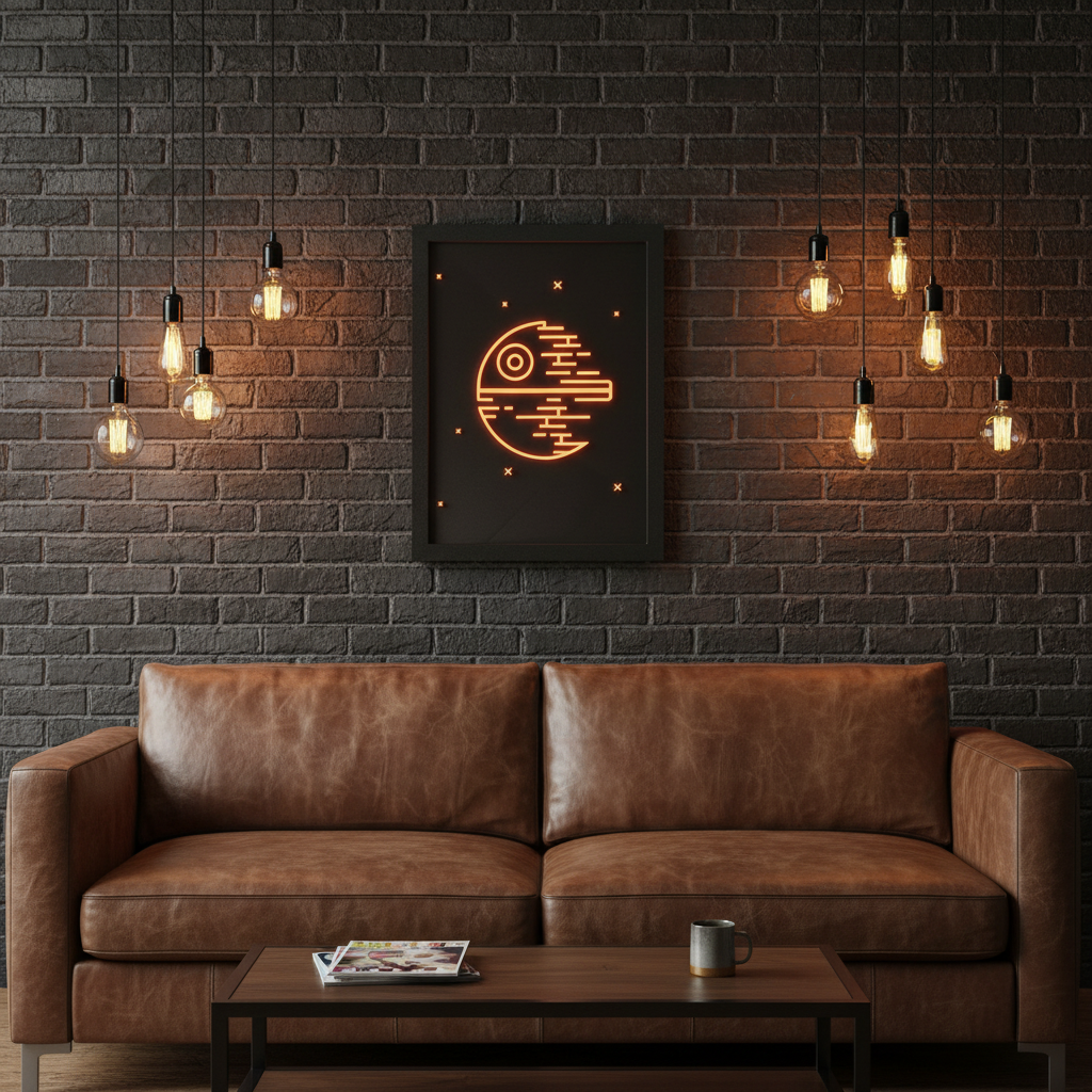 Death Star neon line art shadow box hung on a dark industrial brick wall in a stylish living room