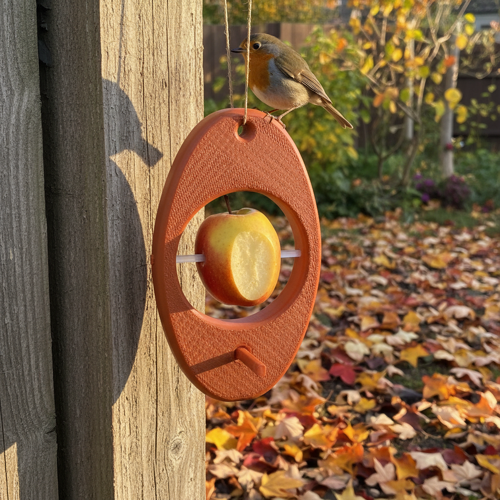 Orange apple bird feeder in autumn garden - lifestyle