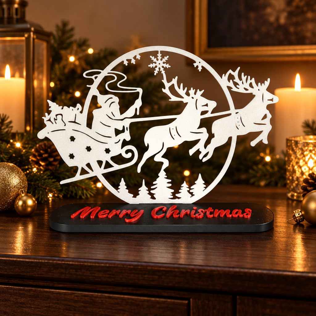 Santa on Sleigh Christmas topper styled beside warm Christmas lights
