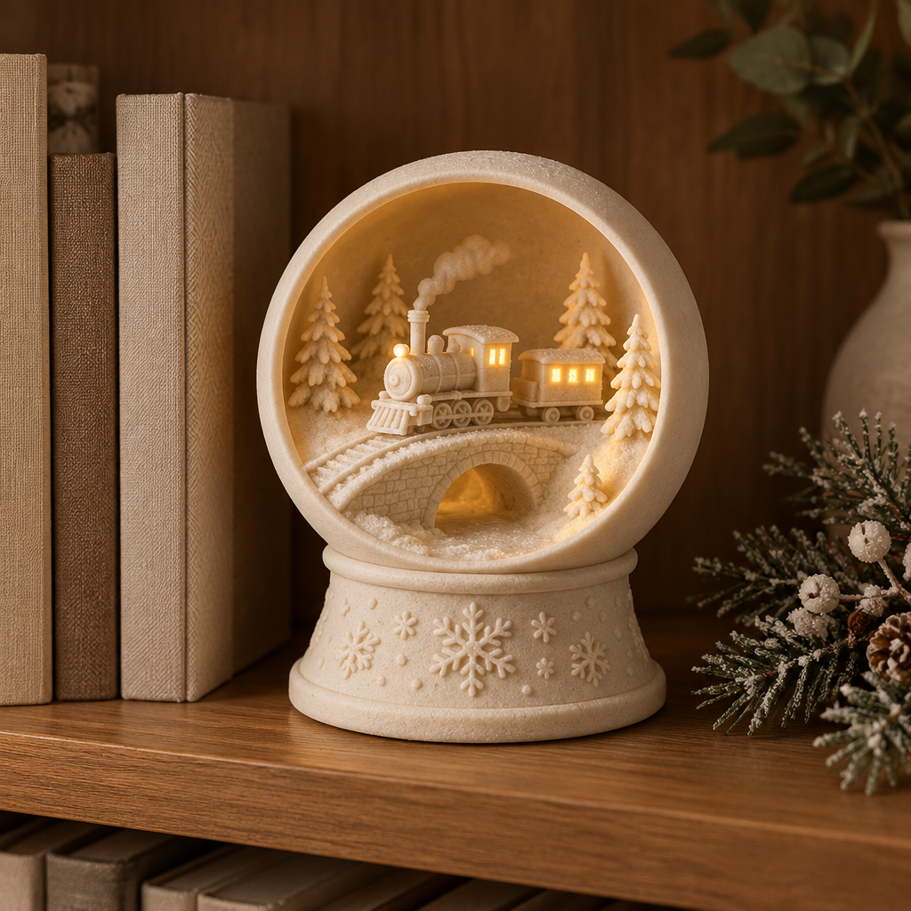 Snow globe tealight holder on a bookshelf beside neutral books